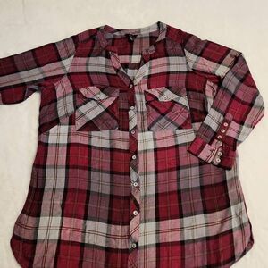Intro  Women's Plus Size 1X V Neck Button Front Maroon Plaid Flannel Top